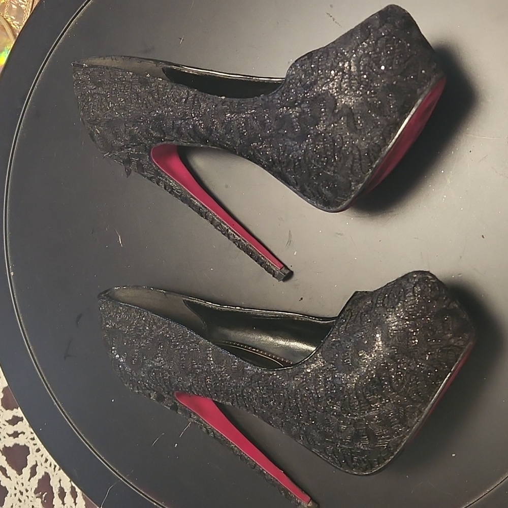 Black Lace Platform Stiletto Heels with Pink Sole